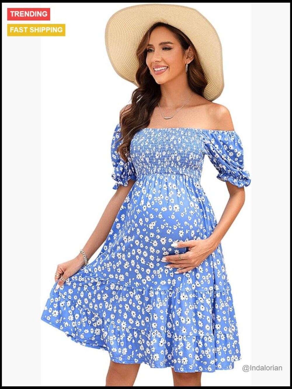 Polyester Spandex Floral Print Maternity Dress Puff Sleeve Square Neck